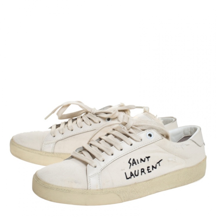 Pre Owned Saint Laurent Paris White Canvas with Leather Trim Court Classic Logo Sneakers Size 38