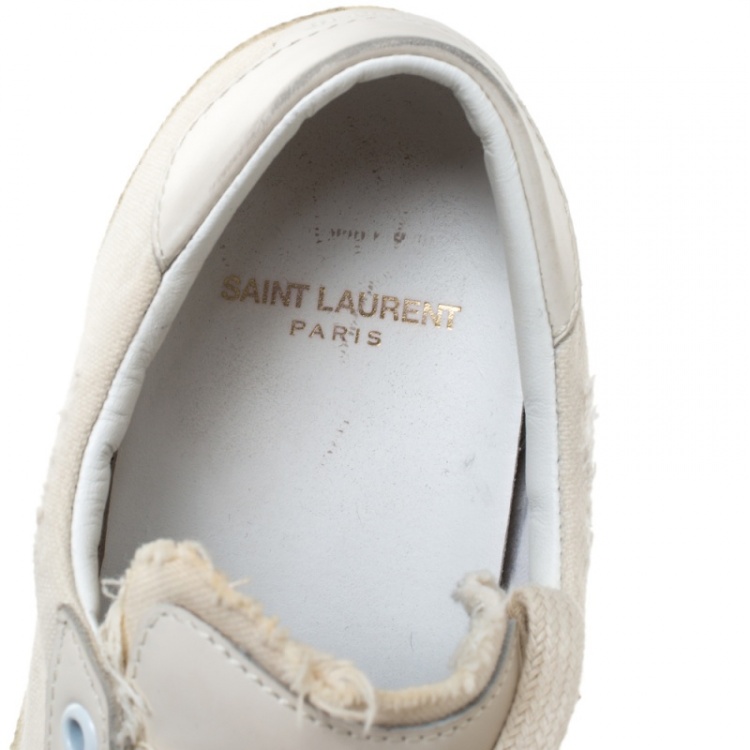 Pre Owned Saint Laurent Paris White Canvas with Leather Trim Court Classic Logo Sneakers Size 38