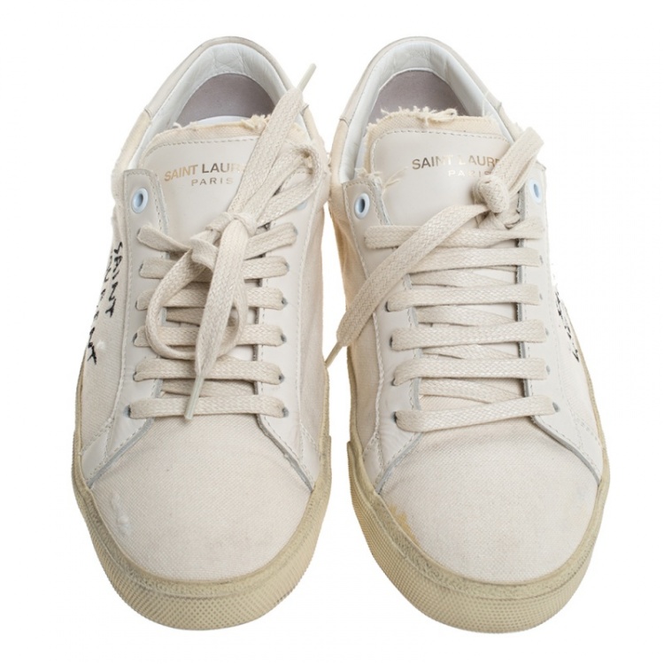 Pre Owned Saint Laurent Paris White Canvas with Leather Trim Court Classic Logo Sneakers Size 38