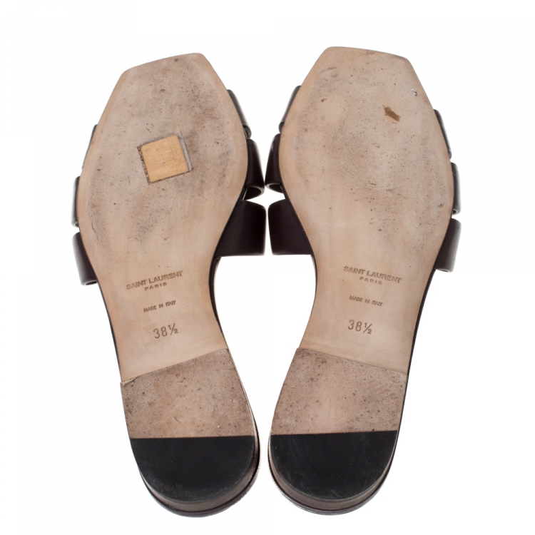 Pre Owned Saint Laurent Paris Brown Leather Tribute Flat Slides Size 38.5