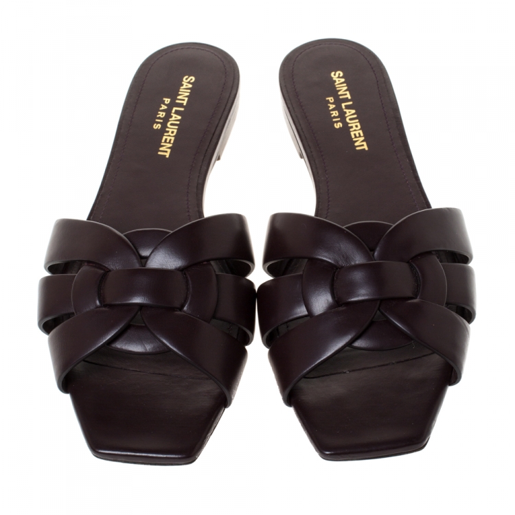 Pre Owned Saint Laurent Paris Brown Leather Tribute Flat Slides Size 38.5
