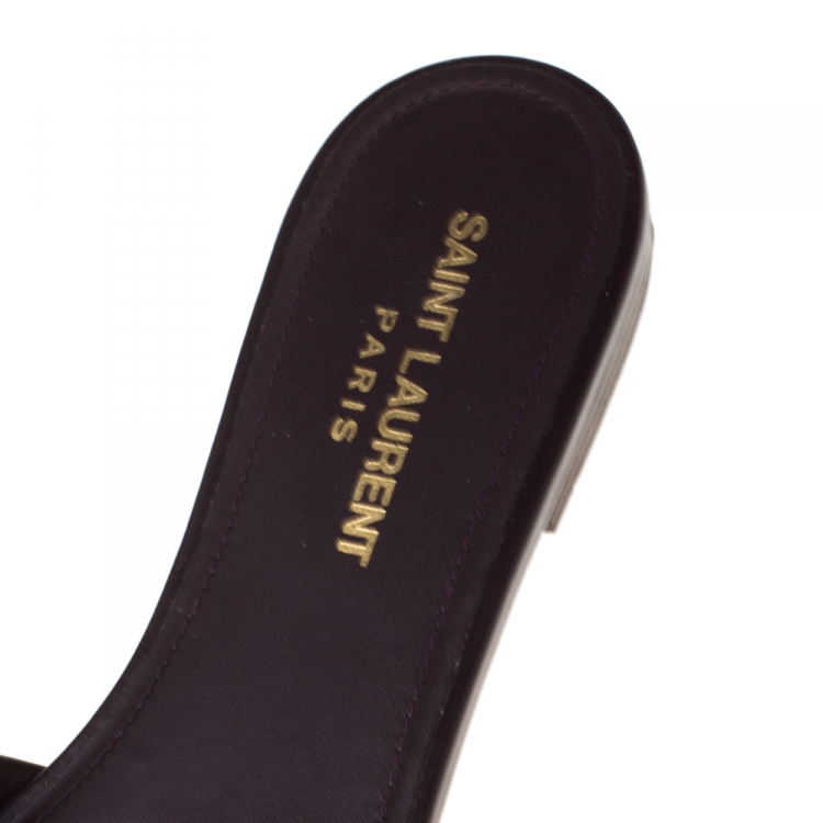 Pre Owned Saint Laurent Paris Brown Leather Tribute Flat Slides Size 38.5