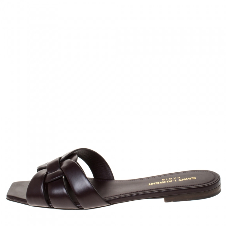 Pre Owned Saint Laurent Paris Brown Leather Tribute Flat Slides Size 38.5