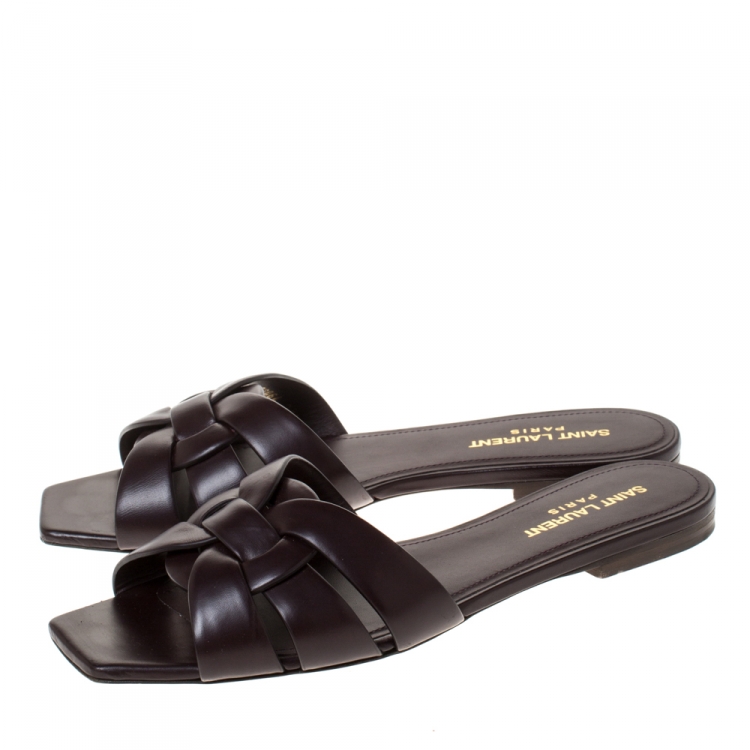 Pre Owned Saint Laurent Paris Brown Leather Tribute Flat Slides Size 38.5
