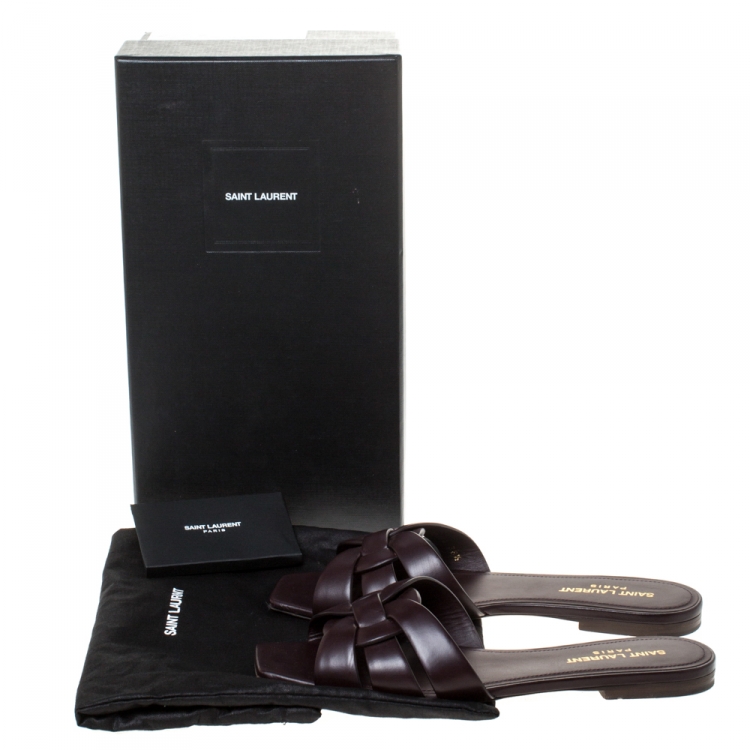 Pre Owned Saint Laurent Paris Brown Leather Tribute Flat Slides Size 38.5