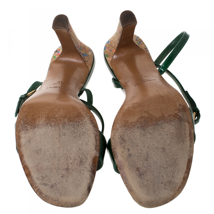 Pre Owned Saint Laurent Paris Green Patent Leather Multicolor Cork Heels Ankle Strap Sandals Size 40
