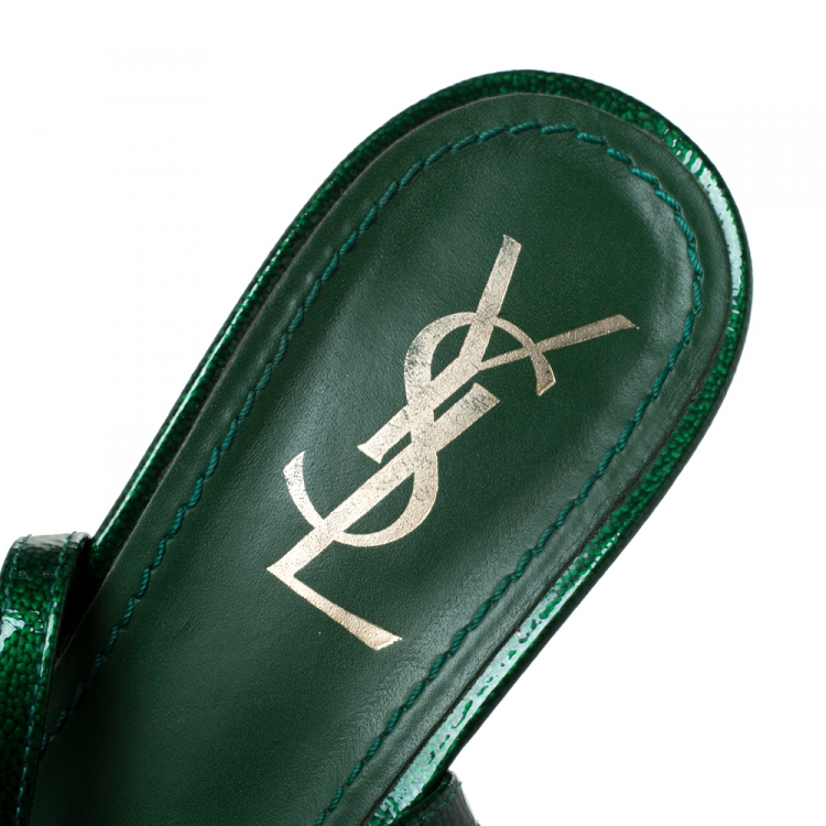 Pre Owned Saint Laurent Paris Green Patent Leather Multicolor Cork Heels Ankle Strap Sandals Size 40