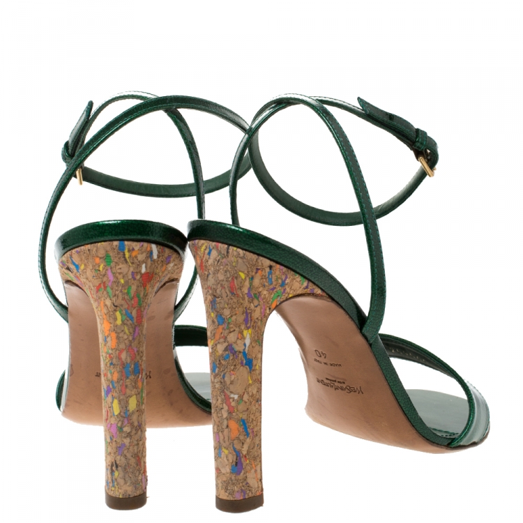 Pre Owned Saint Laurent Paris Green Patent Leather Multicolor Cork Heels Ankle Strap Sandals Size 40