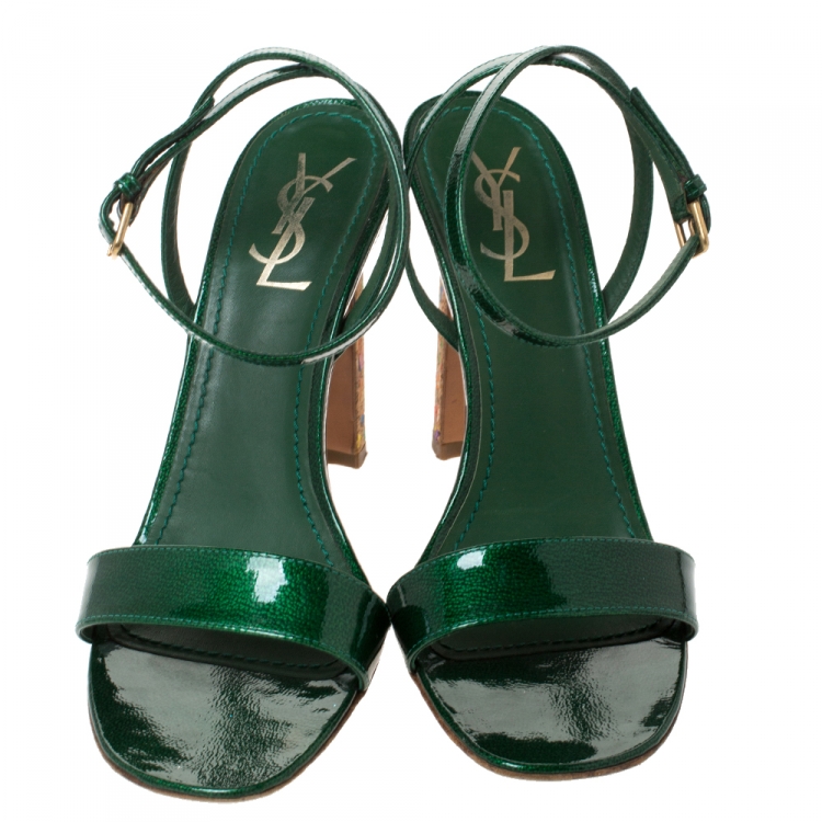 Pre Owned Saint Laurent Paris Green Patent Leather Multicolor Cork Heels Ankle Strap Sandals Size 40