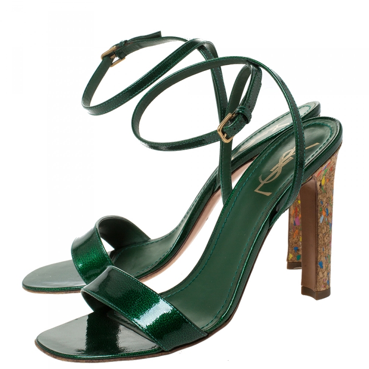 Pre Owned Saint Laurent Paris Green Patent Leather Multicolor Cork Heels Ankle Strap Sandals Size 40