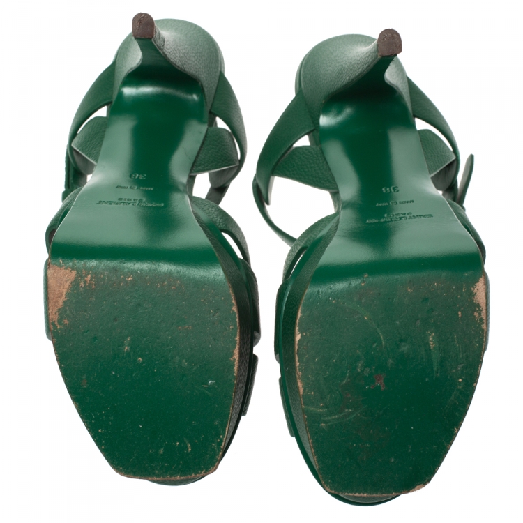 Pre Owned Saint Laurent Paris Green Leather Tribute Platform Sandals Size 38