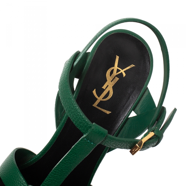 Pre Owned Saint Laurent Paris Green Leather Tribute Platform Sandals Size 38