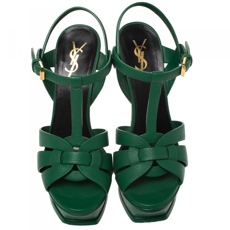 Pre Owned Saint Laurent Paris Green Leather Tribute Platform Sandals Size 38