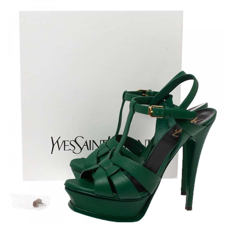 Pre Owned Saint Laurent Paris Green Leather Tribute Platform Sandals Size 38