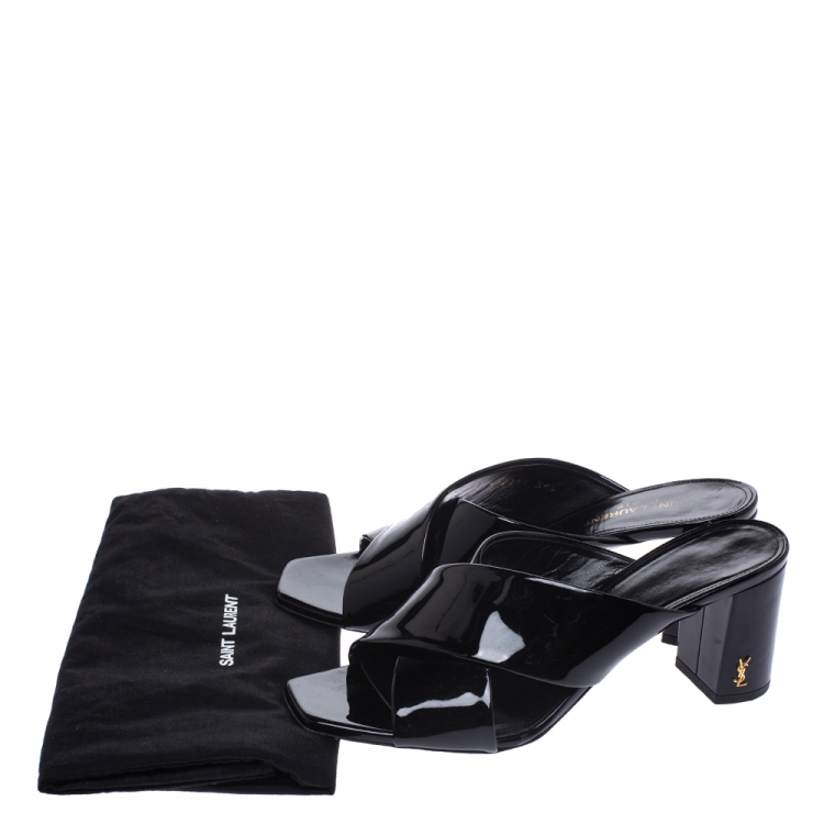 Pre Owned Saint Laurent Paris Black Patent Leather Loulou Criss Cross Mules Size 38.5
