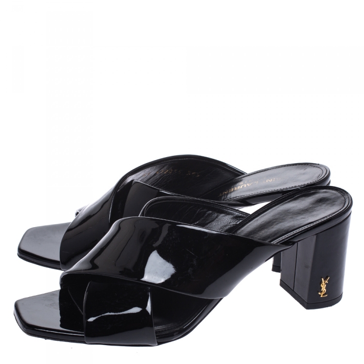 Pre Owned Saint Laurent Paris Black Patent Leather Loulou Criss Cross Mules Size 38.5
