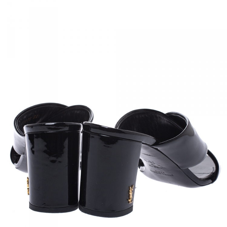 Pre Owned Saint Laurent Paris Black Patent Leather Loulou Criss Cross Mules Size 38.5