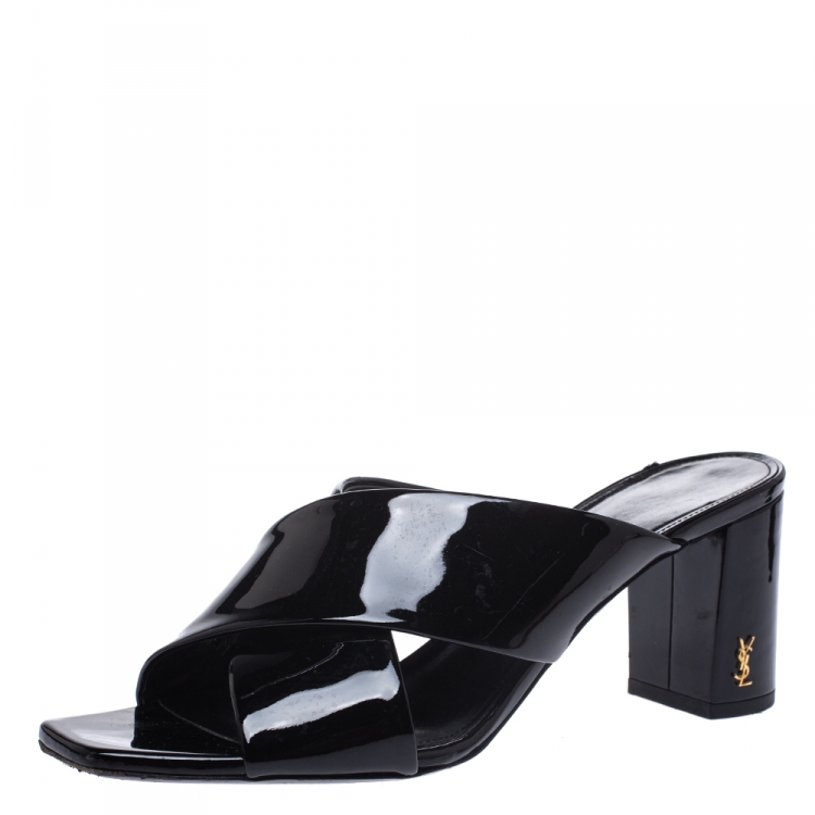 Pre Owned Saint Laurent Paris Black Patent Leather Loulou Criss Cross Mules Size 38.5