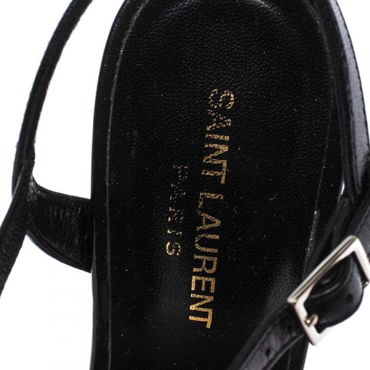 Pre Owned Saint Laurent Black Leather Ankle Strap Wedge Sandals Size 37.5