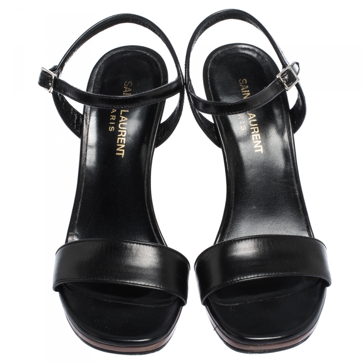 Pre Owned Saint Laurent Black Leather Ankle Strap Wedge Sandals Size 37.5