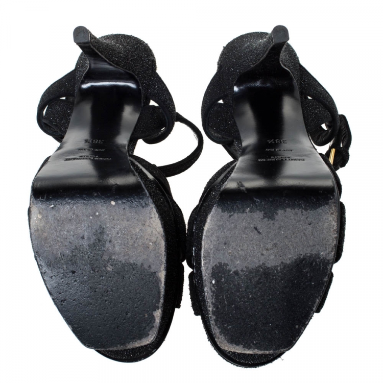 Pre Owned Saint Laurent Black Suede Tribute Platform Ankle Strap Sandals Size 38.5