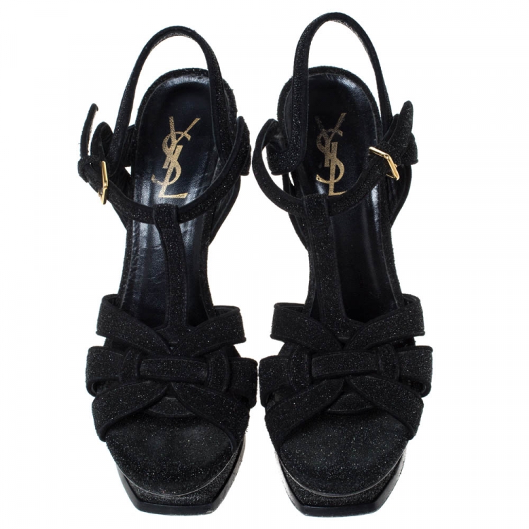 Pre Owned Saint Laurent Black Suede Tribute Platform Ankle Strap Sandals Size 38.5