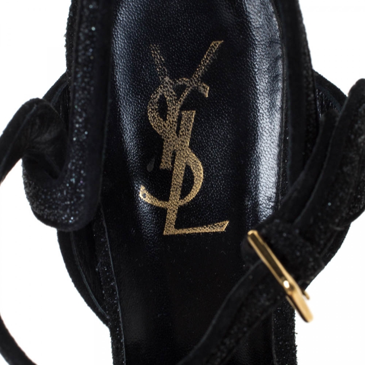 Pre Owned Saint Laurent Black Suede Tribute Platform Ankle Strap Sandals Size 38.5