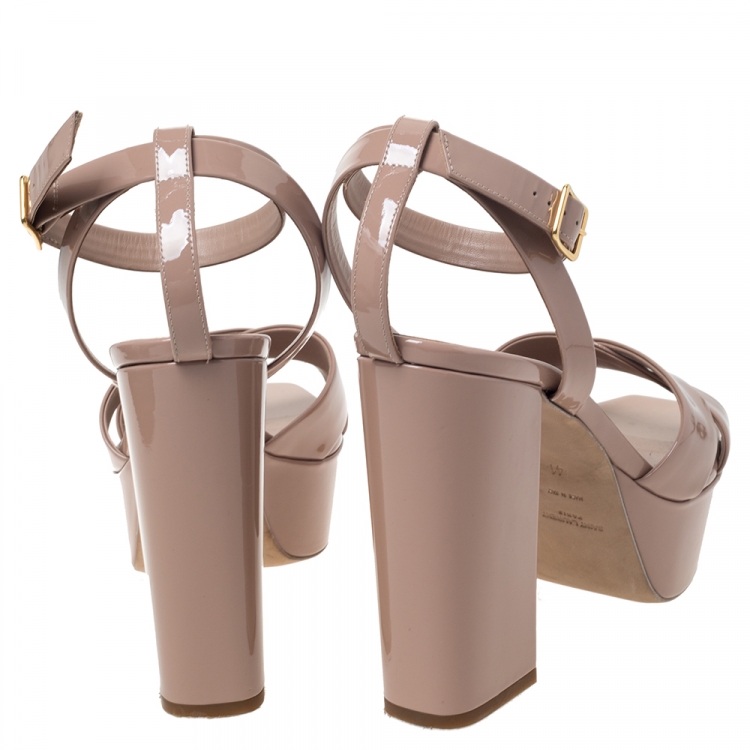 Pre Owned Saint Laurent Paris Beige Patent Leather Farrah Platform Ankle Strap Sandals Size 41