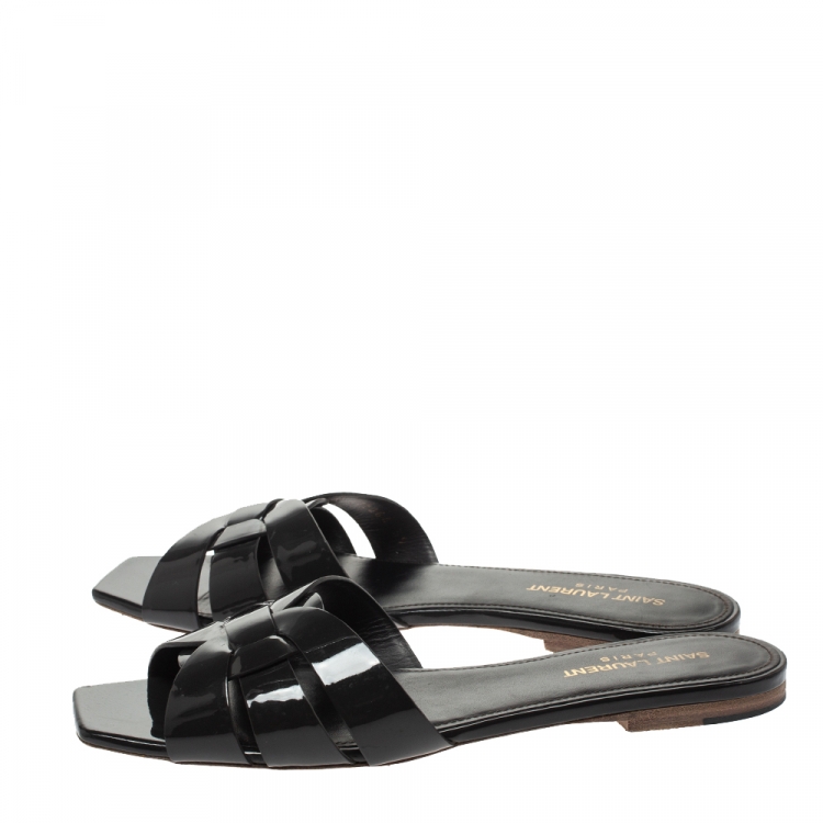Pre Owned Saint Laurent Paris Dark Grey Patent Leather Tribute Flat Slides Size 39