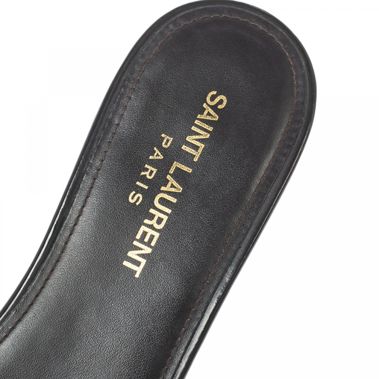 Pre Owned Saint Laurent Paris Dark Grey Patent Leather Tribute Flat Slides Size 39
