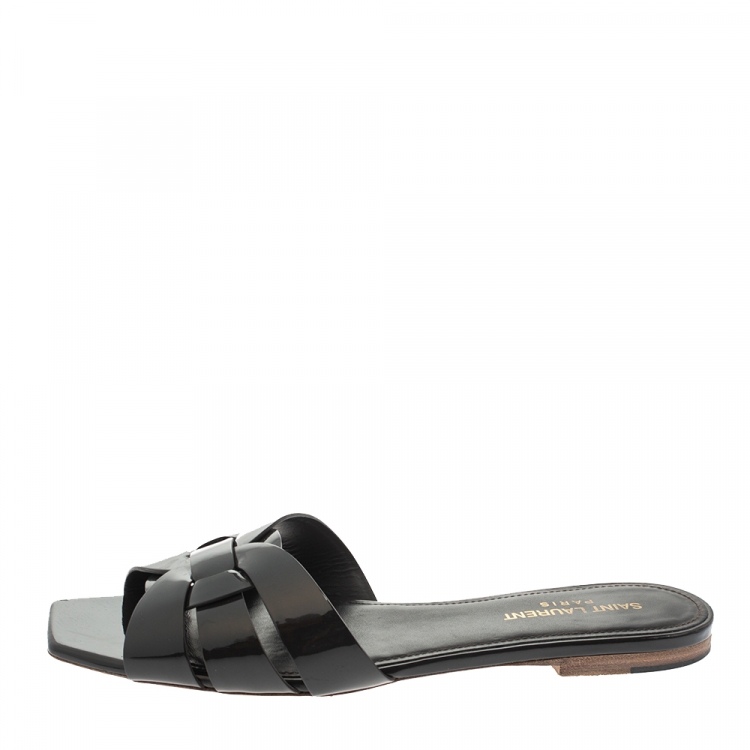 Pre Owned Saint Laurent Paris Dark Grey Patent Leather Tribute Flat Slides Size 39