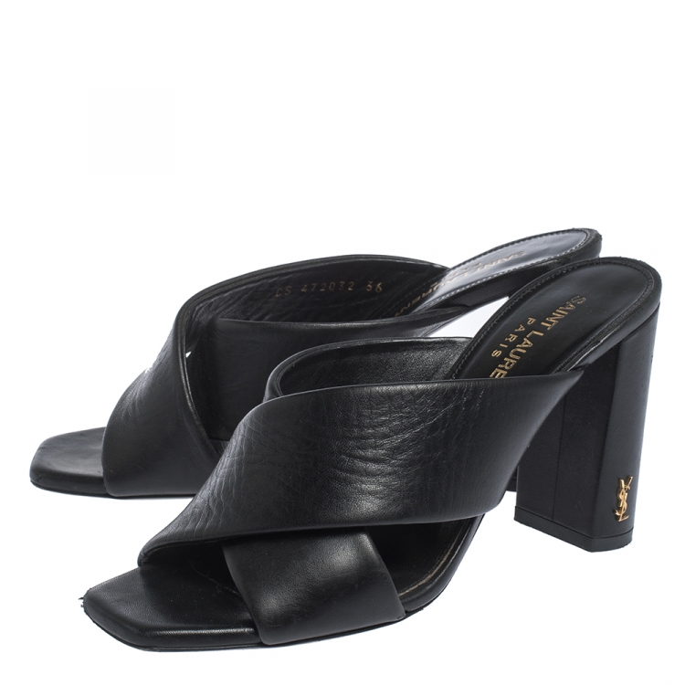 Pre Owned Saint Laurent Paris Black Leather Loulou Criss Cross Mules Size 36