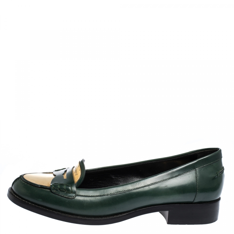 Pre Owned Saint Laurent Paris Green Leather Penny Loafers Size 37