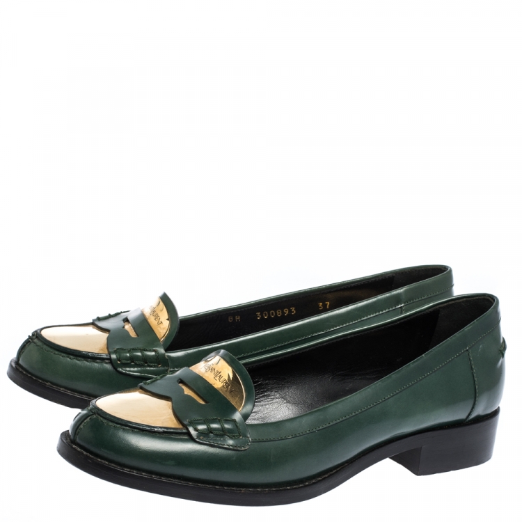 Pre Owned Saint Laurent Paris Green Leather Penny Loafers Size 37