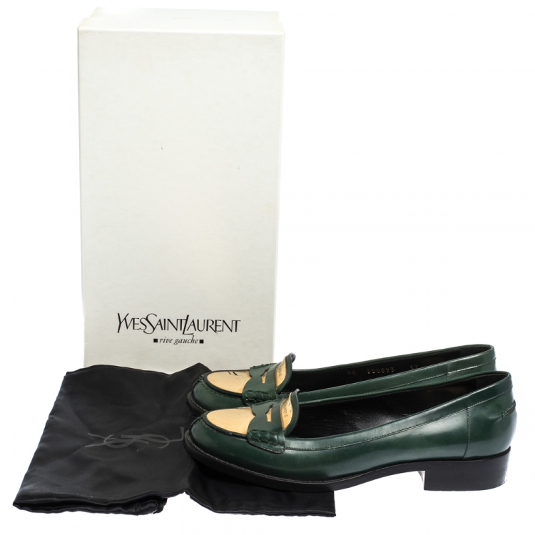 Pre Owned Saint Laurent Paris Green Leather Penny Loafers Size 37