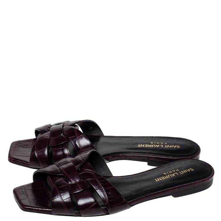 مملوكة مسبقًا Saint Laurent Puple Croc Embossed Leather Tribute Flat Slides Size 38