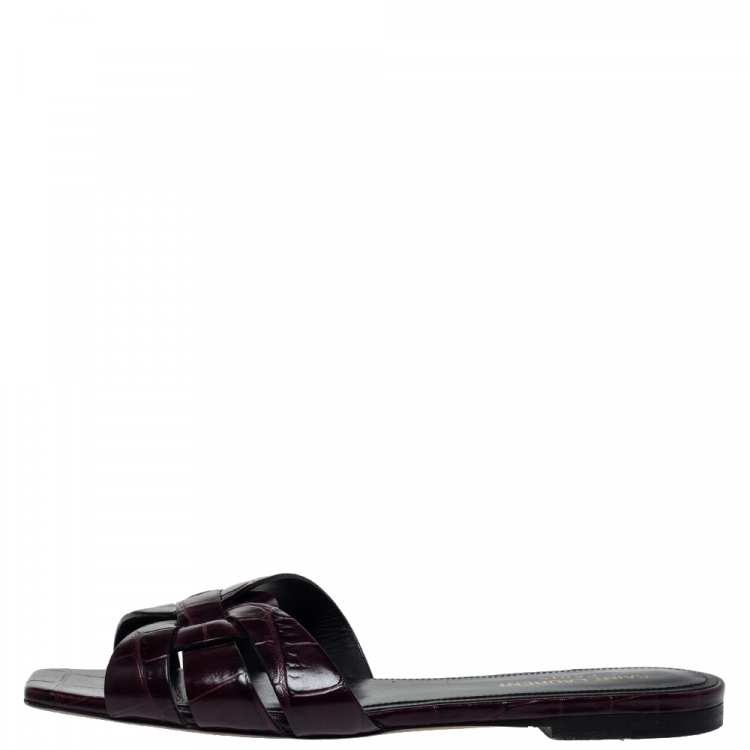 مملوكة مسبقًا Saint Laurent Puple Croc Embossed Leather Tribute Flat Slides Size 38