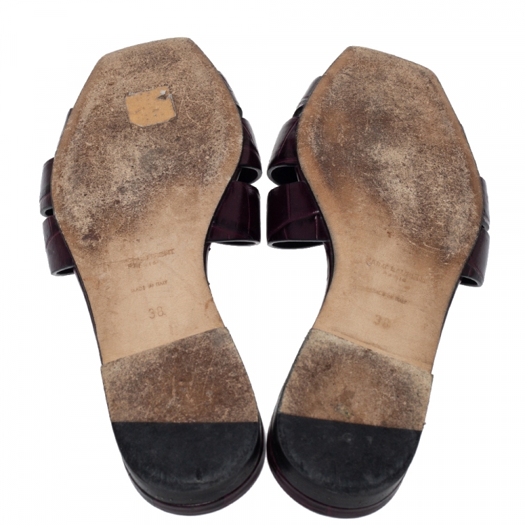 مملوكة مسبقًا Saint Laurent Puple Croc Embossed Leather Tribute Flat Slides Size 38