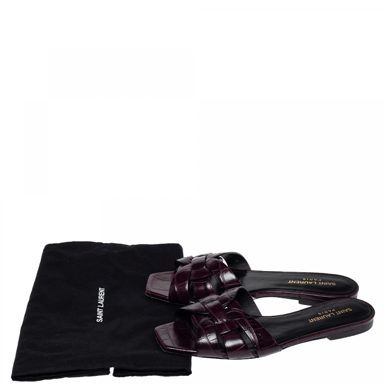 مملوكة مسبقًا Saint Laurent Puple Croc Embossed Leather Tribute Flat Slides Size 38