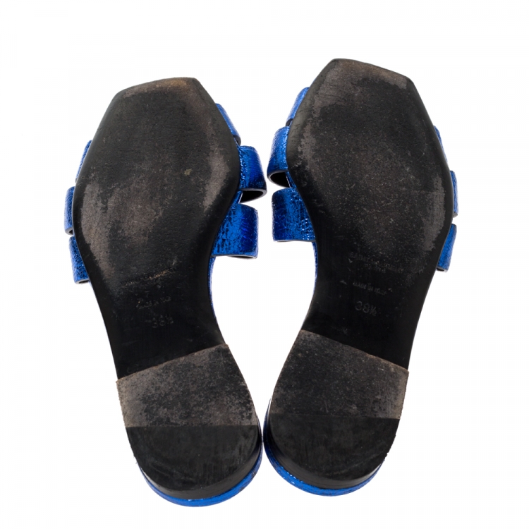 Pre Owned Saint Laurent Paris Metallic Blue Textured Leather Tribute Flat Slides Size 38.5