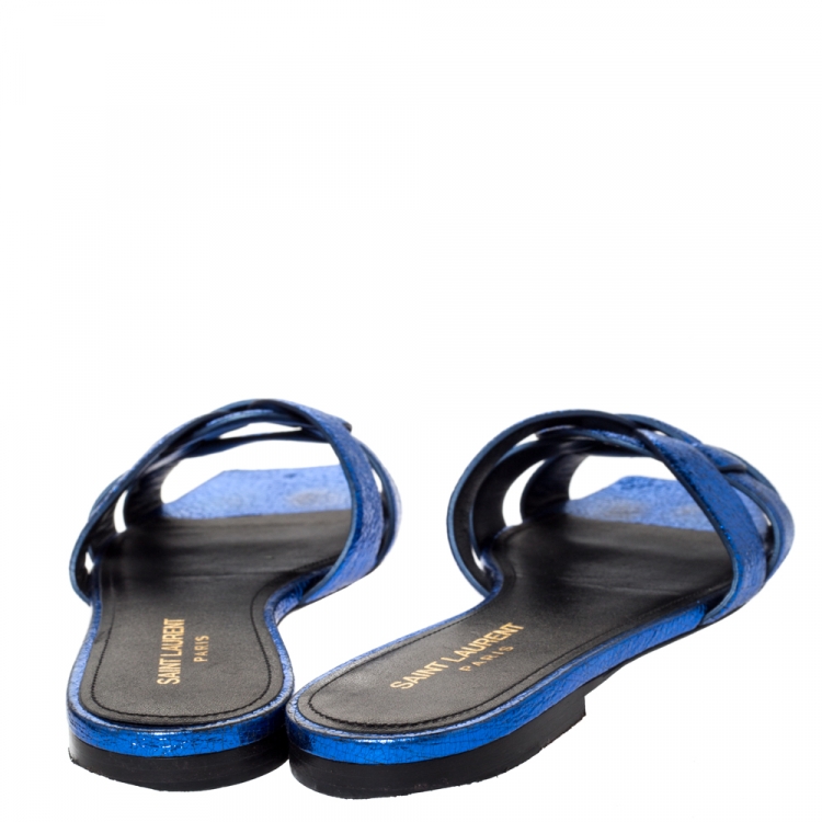 Pre Owned Saint Laurent Paris Metallic Blue Textured Leather Tribute Flat Slides Size 38.5