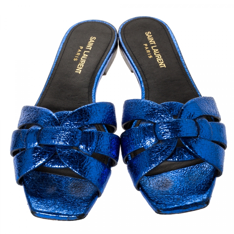 Pre Owned Saint Laurent Paris Metallic Blue Textured Leather Tribute Flat Slides Size 38.5