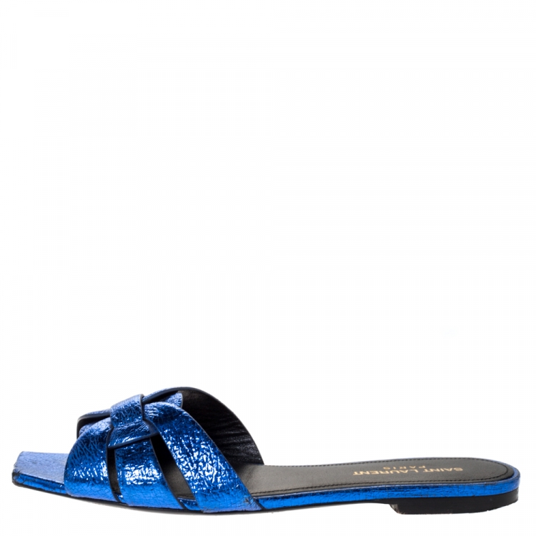 Pre Owned Saint Laurent Paris Metallic Blue Textured Leather Tribute Flat Slides Size 38.5