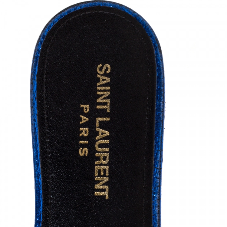 Pre Owned Saint Laurent Paris Metallic Blue Textured Leather Tribute Flat Slides Size 38.5