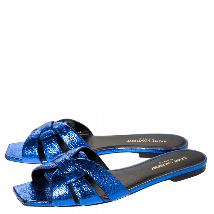 Pre Owned Saint Laurent Paris Metallic Blue Textured Leather Tribute Flat Slides Size 38.5