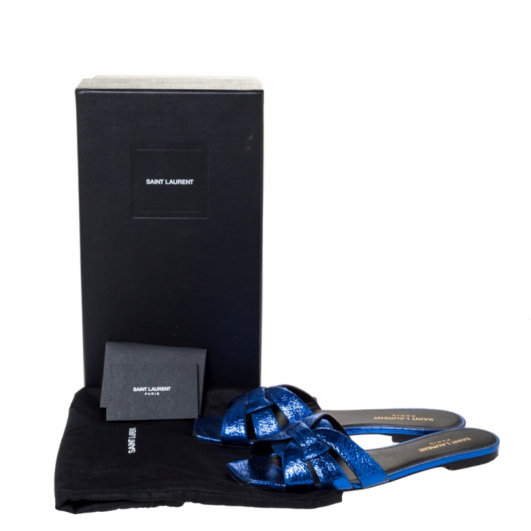 Pre Owned Saint Laurent Paris Metallic Blue Textured Leather Tribute Flat Slides Size 38.5