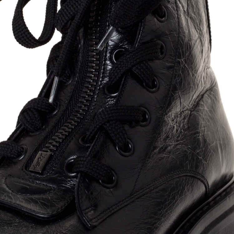 Pre Owned Saint Laurent Paris Black Textured Leather Double Lace William Combat Boots Size 39.5