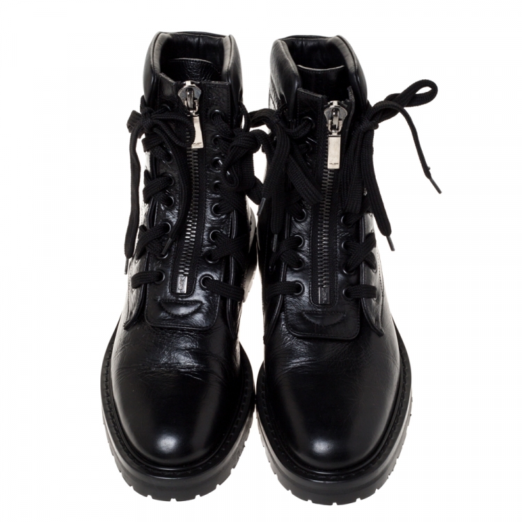 Pre Owned Saint Laurent Paris Black Textured Leather Double Lace William Combat Boots Size 39.5