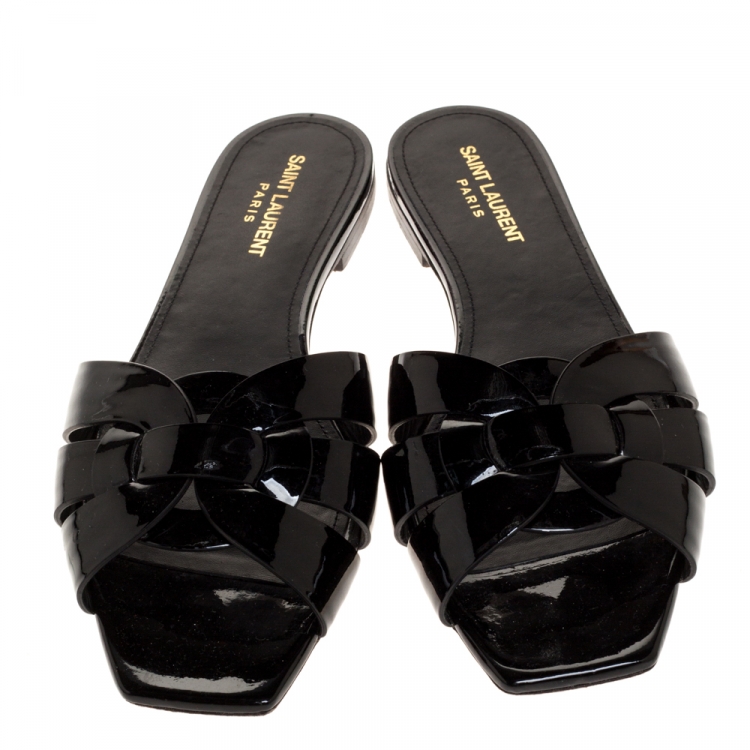 Pre Owned Saint Laurent Paris Black Patent Leather Tribute Flats Size 40