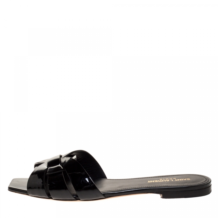 Pre Owned Saint Laurent Paris Black Patent Leather Tribute Flats Size 40